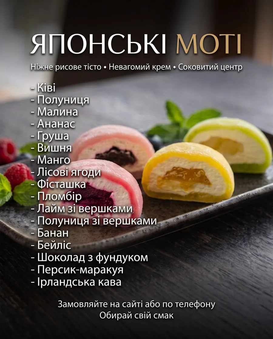 Japanese mochi in Kyiv — flavors to choose from: kiwi, strawberry, raspberry, pineapple, pear, cherry, mango, forest berries, pistachio, ice cream (plombir), lime with cream, strawberry with cream, banana, baileys, chocolate with hazelnut, peach–passion fruit, irish coffee